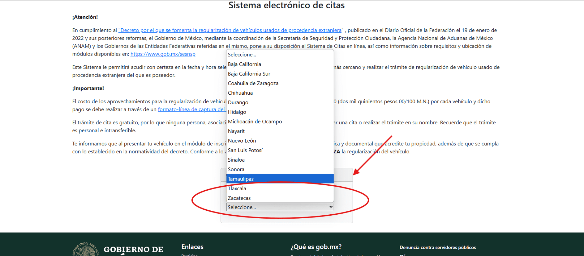 Selecciona estado para cita REPUVE auto americano